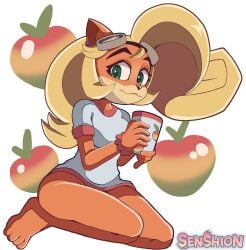 1girls anthro barefoot blonde_hair bottomless coco_bandicoot crash_(series) feet female senshion shirt thick_thighs wumpa_fruit