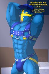 countryhumans dialogue ikea iwtbat_(artist) jockstrap leather_harness male male_only muscular muscular_male sweden_(countryhumans)