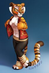 anthro dreamworks female furry japanese_text kung_fu_panda master_tigress medium_breasts milk-ramen multi_nipple open_clothes pants solo striped_tail tail tiger vest yellow_sclera