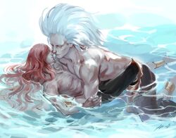 archdragonleak dark_souls dark_souls_3 deity dragon_slayer_ornstein fromsoftware gold_(metal) long_hair long_hair_male male male_only muscular muscular_male nameless_king painting painting_(artwork) partially_submerged red_hair topless topless_male water white_hair yaoi