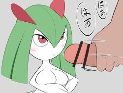 2_horns 4:3 arms_bent big_breasts blush bodily_fluids bottomwear breasts censor_bar censored censored_penis closed_smile clothing dialogue duo female female_focus genital_fluids genitals green_hair grey_background hair hands_together horn human human_on_humanoid humanoid ineffective_censorship interspecies japanese_text kirlia larger_male looking_up male male/female mammal masturbation nichibako nintendo on_model penis pokémon_(species) pokemon pokemon_(species) pokephilia precum red_eyes simple_background size_difference smaller_female standing text translation_request video_games white_body white_bottomwear white_clothing