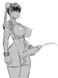 1futa alternate_costume balls big_breasts big_penis black_hair breasts casual casual_cumshot casual_ejaculation chun-li clothed clothing cum cumshot ejaculation erection futa_only futanari hair_buns huge_cock human lineart masturbation monochrome mostly_nude nisetanaqa official_alternate_costume penis sketch smile solo_futa standing street_fighter sweat testicles thighhighs