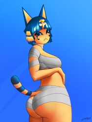 animal_crossing ankha ankha_(animal_crossing) ass blue_hair booty_shorts breasts catgirl doujinshi looking_at_viewer looking_back nintendo shnee tail