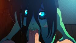 animated black_hair black_sclera blowjob blue_eyes deepthroat erection erkerut eye_contact eyelashes fellatio green_skin looking_at_viewer oral original_character pov samara_(erkerut) tagme