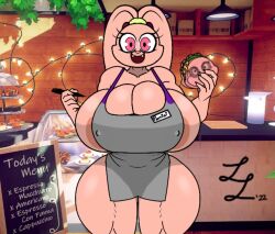 chowder_(series) huge_breasts huge_hips hyper_breasts hyper_thighs iced_latte_with_breast_milk naked_apron panini panini_(chowder) pen pink_eyes pink_fur sandwich