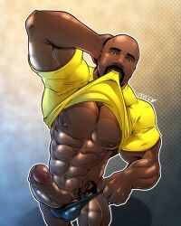 1boy abs actor african african_male bald balls_outline blitzturner celebrity erect_penis erection facial_hair goatee hard_on human in_character luke_cage male male_nipples male_only male_thong manly marvel marvel_cinematic_universe marvel_comics masculine mature_male melanin mike_colter muscles muscular muscular_male pecs penis penis_out posing shaved_crotch shirt_bite shirt_lift solo superhero tattoo thick_penis veiny_penis