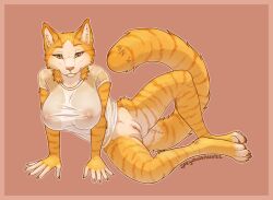 2022 5_fingers anthro big_breasts bottomless breasts clothed clothing domestic_cat felid feline felis female fingers fluffy fluffy_tail fur furry furry_only genitals hair mammal mostly_nude nipple_outline nipples orange_body orange_fur partially_clothed paws pussy shirt shirt_only simple_background smile solo spicychaikitten spread_legs spreading stripes tail topwear topwear_only translucent translucent_clothing wet wet_clothing wet_shirt wet_topwear whiskers