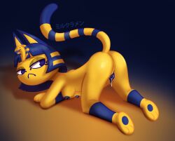 animal_crossing ankha ankha_(animal_crossing) anthro blue_hair blue_nipples blue_pussy dripping_pussy egyptian feline furry japanese_text looking_back looking_behind milk-ramen nintendo pawpads presenting_hindquarters pussy striped_tail tail