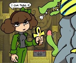 ankh anthro crocodilian duo female genitals green_penis human liz_mutton male male/female mammal penis reptile scalie speech_bubble spelunky spelunky_2 stu_(artist) text