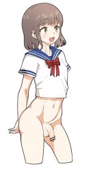 1futa :d bar_censor bottomless censored clothed clothing flaccid flaccid_penis flat_chest futa_only futanari human light-skinned_futanari light_skin megahertz partially_clothed penis sailor_collar sailor_shirt school_uniform schoolgirl shirt short_hair solo standing yellow_eyes