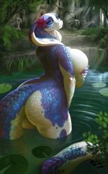 anthro big_ass big_breasts blue_eyes blue_scales bubble_butt female flower hand_on_breast looking_at_viewer nibhaaz nisha_(bluedingo) solo tagme