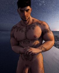 damian_eagley damnarts muscles muscular muscular_male nighttime outdoors outside pierced_nipple pierced_nipples tattoos twitter_user_oc veiny_penis