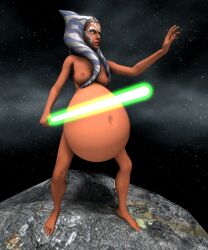 1girls 3d ahsoka_tano alien alien_girl belly big_belly blue_eyes breasts female female_only medium_breasts nipples orange_skin salamoun same_size_vore solo star_wars togruta vore