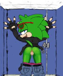 anthro arrow_hearted bathroom_stall belt blue_eyes cuntboy furry glasses gloves green_background intersex jacket leather_jacket pants pants_down pussy scourge_the_hedgehog sonic_(series) tail underwear