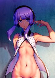 absurdres against_wall arm_behind_back arm_up armpits bangs bare_arms bare_shoulders bottomless breasts breasts_apart closed_mouth collared_shirt cowboy_shot eyebrows_visible_through_hair female groin headphones highres looking_at_viewer navel nicchi no_bra open_clothes open_shirt out-of-frame_censoring purple_eyes purple_hair shirt short_hair_with_long_locks sidelocks small_breasts smile solo stomach toned vocaloid voiceroid white_shirt yuzuki_yukari yuzuki_yukari_(a.i._voice)