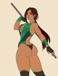 1girls 2d ass brown_hair bubble_butt cleavage dark-skinned_female didi_esmeralda fingerless_gloves green_eyes jade_(mortal_kombat) large_breasts long_hair looking_at_viewer mortal_kombat ponytail staff voluptuous