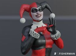 1girls 3d batman:_arkham_knight batman_(series) blender blue_eyes clothed_female dc dc_comics female female_only fisherman fully_clothed gesture harley_quinn harley_quinn_(classic) harley_quinn_(injustice) injustice_2 jester_cap jester_costume light-skinned_female light_skin mask masked masked_female sex_gesture solo watermark