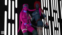 2girls bikini_bottom blue_skin chain_leash chained chiss cwichura large_breasts nipple_piercing purple_skin red_eyes red_hair slave slave_collar slave_outfit slavegirl star_wars twi'lek