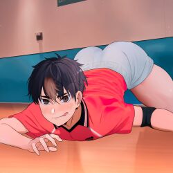 ai_generated ass_up black_hair black_hair_bottom blonde_hair blonde_hair_on_black_hair blonde_hair_top blush brown_eyes clothed domination gay haikyuu!! light_hair_on_dark_hair male_only nishinoya_yuu noyr sports_uniform tongue_out