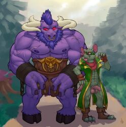 2boys abs alistar anthro archiblender facial_hair furry goggles green_fur hooves horns league_of_legends male male_only penis purple_fur red_eyes scars tail twitch_(lol)