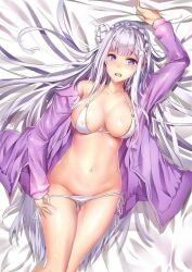 1girls areola_slip areolae belly belly_button big_breasts bikini bikini_pull blush bra clothes_pull elf elf_ears elf_female elf_girl emilia_(re:zero) female female_only hair_flower hair_ornament half_elf half_naked hips huge_breasts large_breasts long_hair looking_at_viewer nipple_slip nipples_visible_through_clothing o-ring o-ring_top on_bed open_mouth pointy_ears purple_clothing purple_dress purple_eyes re:zero_kara_hajimeru_isekai_seikatsu removing_pants roy_(artist) see-through sheet_grab sheets shy side-tie_bikini side-tie_panties silver_hair solo solo_female solo_focus stomach strap_gap supine teenage_girl teenager thick_thighs thighs upper_teeth wavy_mouth white_flower white_hair wide_hips worried worried_expression