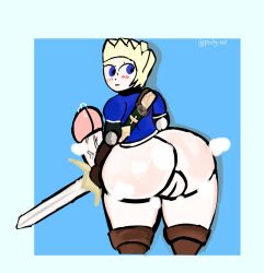 1boy ass big_ass big_butt blonde_hair blue_eyes blush fat_ass fat_butt huge_ass huge_butt looking_back male male_only mii mii_swordfighter mob_face nintendo penis penis_out precum pudgi420 solo super_smash_bros. sword thick_ass