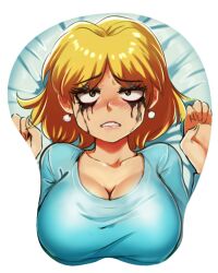 bed_sheet big_breasts blonde_hair blush boob_mousepad cleavage jcm2 looking_at_viewer lori_loud mousepad nickelodeon oppai_mouse_pad runny_makeup straight_hair the_loud_house