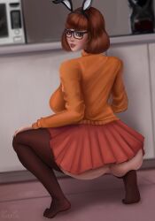 1girls big_ass glasses looking_at_viewer looking_back pokerpig pussy rabbit_ears scooby-doo skirt solo sweater velma_dinkley watermark