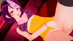 1girls 3d blush bra bracelet cleavage earrings fingering koikatsu medium_breasts purple_hair pussy red_eyes solo solo_female solo_focus underwear virtual_youtuber yuusachii_(vtuber)