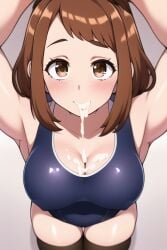 1girls ai_generated black_socks blush brown_eyes brown_hair cleavage cum cum_in_mouth cum_on_body cum_on_breasts female funemily1 large_breasts my_hero_academia nai_diffusion ochako_uraraka school_swimsuit socks stable_diffusion swimsuit thigh_socks thighhighs