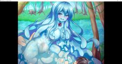 big_breasts blue_eyes blue_slime blush censored covered_in_slime cum cum_inside cumshot dieselmine erection happy_female monmusu_conquered_world monster_girl mosaic_censoring penis reverse_rape riding_penis screenshot see-through slime slime_girl smiley_face third_cumshot visual_novel