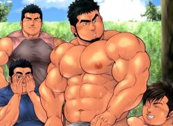 4boys bara beard biceps big_brother bodybuilder broad_shoulders daddy dilf facial_hair male male_nipples male_only manly masateruteru masculine mature_male muscles muscular_male pecs peeking shiny_skin smiling smooth_skinned_male softcore sweat sweaty terujirou terujirou_(masateruteru) tight_clothing tight_shirt topless uncle veiny_arms worship zaddy