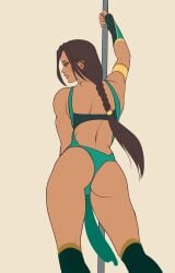 1girls 2d armlet braided_hair brown_hair bubble_butt color colored coloured dark-skinned_female dark_brown_hair didi_esmeralda fingerless_gloves green_eyes jade_(mortal_kombat) loincloth long_hair mortal_kombat pole polychrome rear_view solo solo_female white_sclera