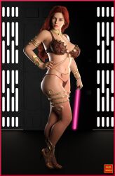 3d bikini bracelet gold_chain green_eyes jedi jewelry leglet lightsaber long_hair looking_at_viewer nathanomir neckwear original_character red_hair star_wars thighlet