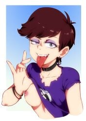 areolae blue_eyes brown_hair choker dark_nipples earrings eyeshadow female female_only flashing freckles jcm2 luna_loud medium_breasts nickelodeon nipples no_bra one_breast_out purple_eyeshadow shirt_lift short_hair tagme the_loud_house tomboy tongue tongue_out