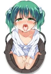 barefoot blush breasts bucket cum cum_in_mouth cum_on_tongue downblouse facial female from_above green_eyes green_hair hair_bobbles hair_ornament highres in_bucket in_container japanese_clothes kisume looking_at_viewer nanana_(chicken_union) open_mouth oral_invitation short_hair simple_background sitting solo tears tongue touhou twintails uvula v_arms wariza white_background wooden_bucket
