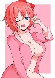 1girls big_breasts blue_eyes breasts doki_doki_literature_club eye_contact female female_focus female_only hair_ribbon just_sayori looking_at_viewer mizumori one_eye_closed sayori_(doki_doki_literature_club) short_hair solo