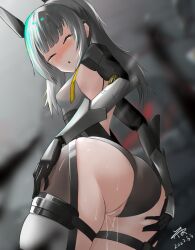 1girls anonymous_artist ass bangs blush dripping female fully_clothed gray_hair headgear karenina_(punishing:_gray_raven) long_hair pale_skin punishing:_gray_raven pussy robot_girl wet wet_pussy yellow_eyes