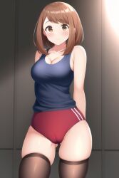 1girls ai_generated ass_visible_through_thighs black_socks bloomers blush brown_eyes brown_hair buruma cameltoe cleavage female funemily1 large_breasts my_hero_academia nai_diffusion ochako_uraraka red_bloomers socks stable_diffusion tank_top thigh_socks thighhighs