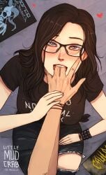 1girls black_hair blush blushing fingers_in_mouth fully_clothed glasses goth grey_eyes heart lilith littlemudcrab metalhead necklace original_character pov pov_eye_contact razor_blade ripped_pants saliva_trail t-shirt wristband