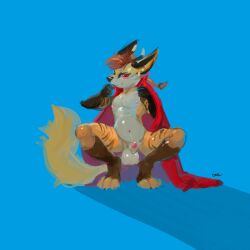 1:1 absurd_res anthro balls belly biped black_body black_ears black_fur black_horn black_nose blue_background blush brown_body brown_fur brown_hair brown_stripes cape clothing crouching elbow_tufts front_view fur genitals glistening glistening_nose gloves_(marking) hair hi_res horn looking_at_viewer male markings navel nipples orange_body orange_fur orange_inner_ear orange_stripes orange_tail oselotti penis penis_tip pink_nipples ponytail red_cape red_eyes red_penis shadow signature simple_background smile solo striped_arms striped_legs stripes white_balls white_body white_fur white_sheath