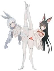 azur_lane black_hair blue_eyes braided_hair breasts bunny_ears flower_ornament fox_ears hair_ornament kemonomimi le_malin_(azur_lane) le_malin_(listless_lapin)_(azur_lane) long_hair long_legs long_socks nagato_(azur_lane) nagato_(great_fox's_sleepwear)_(azur_lane) one_leg_up petite savarin_(fjnr7287) silver_hair standing standing_on_one_leg standing_position standing_split thighhighs thighs underwear white_background yellow_eyes young