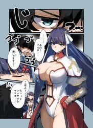 1boy 1girls armor bare_legs bare_thighs big_breasts blue_eyes boob_window breasts center_opening cleavage comic fate/grand_order fate_(series) fujimaru_ritsuka_(male) gin_moku gloves hair hair_ornament hand_on_hip huge_breasts japanese_text large_breasts looking_at_viewer midriff midriff_baring_shirt navel nipple_bulge priest purple_hair revealing_clothes saint saint_martha sister speech_bubble staring stomach sweat thick_thighs