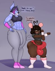 2022 2futas abby_(nicolaowo) absol anthro balls big_breasts booty_shorts breasts bulge clothed clothing dialogue duo fully_clothed furry futa_on_futa futa_only futanari gwen_martin huge_balls huge_cock humanoid humanoid_penis masturbation mostly_clothed mouse nicolaowo nintendo penis penis_bulge pokemon pokemon_(species) rodent shorts shortstack standing text