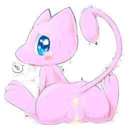 anus ass blue_eyes blush bodily_fluids cum cum_in_ass cum_in_pussy cum_inside female feral genital_fluids genitals heart legendary_pokemon looking_at_viewer looking_back mew nintendo pink_body pokémon_(species) pokemon pokemon_(species) pussy rear_view sanusanu signature simple_background solo tears video_games white_background