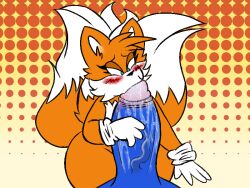 anthro big_penis blue_body blue_fur blush bodily_fluids canid canine clothing digital_media_(artwork) drooling duo eulipotyphlan fox fur genitals gloves handwear hedgehog huge_cock hyper hyper_genitalia hyper_penis male male/male mammal oral orphazoid penis saliva sega sonic_(series) sonic_the_hedgehog sonic_the_hedgehog_(series) tails video_games