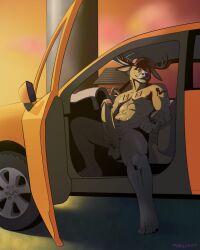 anthro antlers athletic athletic_anthro athletic_male balls big_penis car cervid erection foreskin genitals hi_res horn humanoid_genitalia humanoid_penis inside_car looking_at_viewer male mammal mobilemutt nude open_door penis redneck solo sunset tattoo truck trucker_hat vehicle