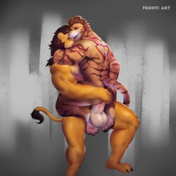 anal anal_sex anthro balls claws duo embrace erection feet_on_balls felid frohti fur gay genitals hand_on_butt hi_res hindpaw hug humanoid_genitalia humanoid_penis lion male mammal mane muscular muscular_anthro muscular_male nipple_piercing nipples pantherine pawpads paws penetration penis piercing sex tail_tuft tan_body tan_fur tiger tuft