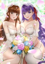 2022 2girls :o absurd_res bb_(fate) blush bouquet breast_to_breast breasts brown_eyes brown_hair fate/extra_ccc fate/grand_order fate_(series) female female_only flowers hips holding_object huge_breasts kishinami_hakuno_(female) long_hair looking_at_viewer nori_chazuke purple_eyes purple_hair ribbon ribbon_in_hair slim_waist smile thick_thighs thighs wedding_dress wedding_veil wide_hips