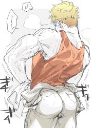 1boy ass ass_focus back_turned big_ass blonde_male bubble_butt clothed clothed_male clothing exertion fully_clothed gay granblue_fantasy haiki_(tegusu) muscular_male no_color orange_shirt pants partially_colored shirt sleeveless_shirt struggling tank_top vane_(granblue_fantasy) yellow_hair